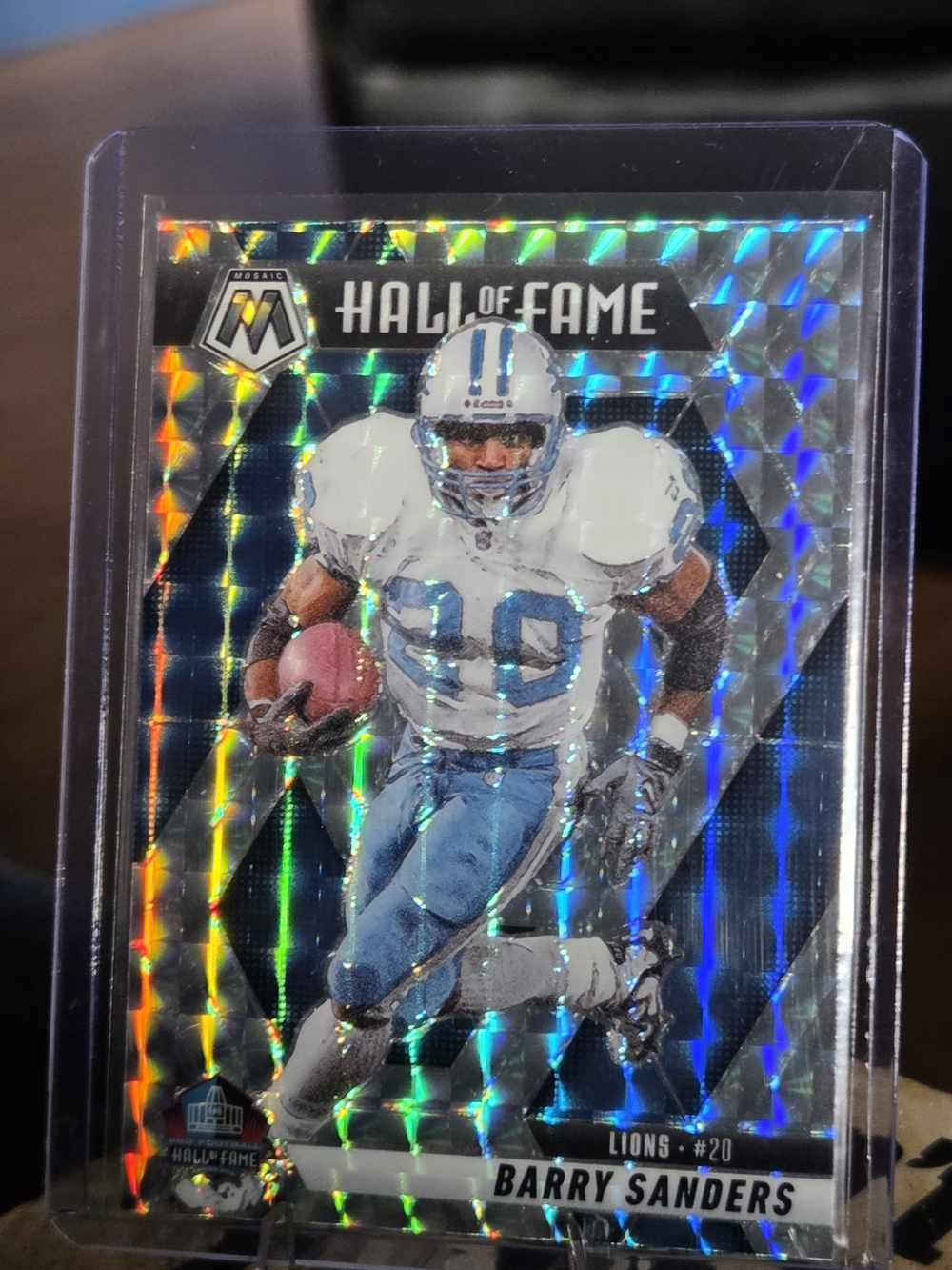 This card is a 2025 Panini Mosaic Hall of Fame Barry Sanders (#291) Silver Prizm